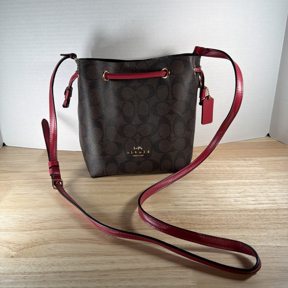 Coach Lena Bucket Bag Signature Canvas Red Leather Strap Crossbody F83959